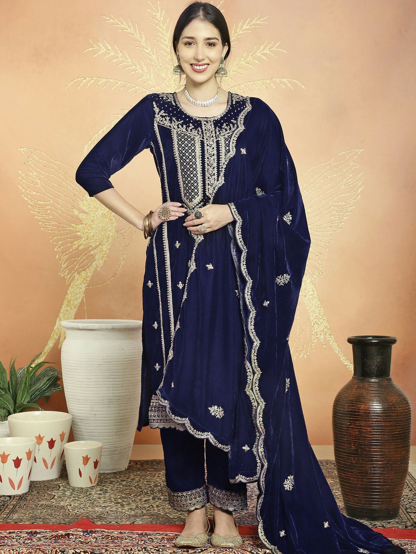 Jyoti Fashion Women's Navy Blue Velvet Cording with Resham Thread & Sequin Kurta with Trouser & Dupatta | Swadesiicart