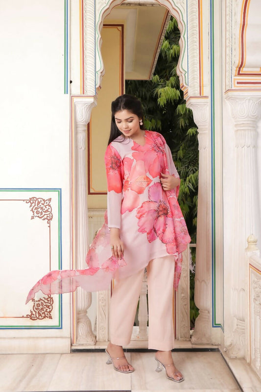 Vaasva Women Ivory Tabby Slik Print & Embroidered Kurta, Pant & Dupatta set | Swadesiicart