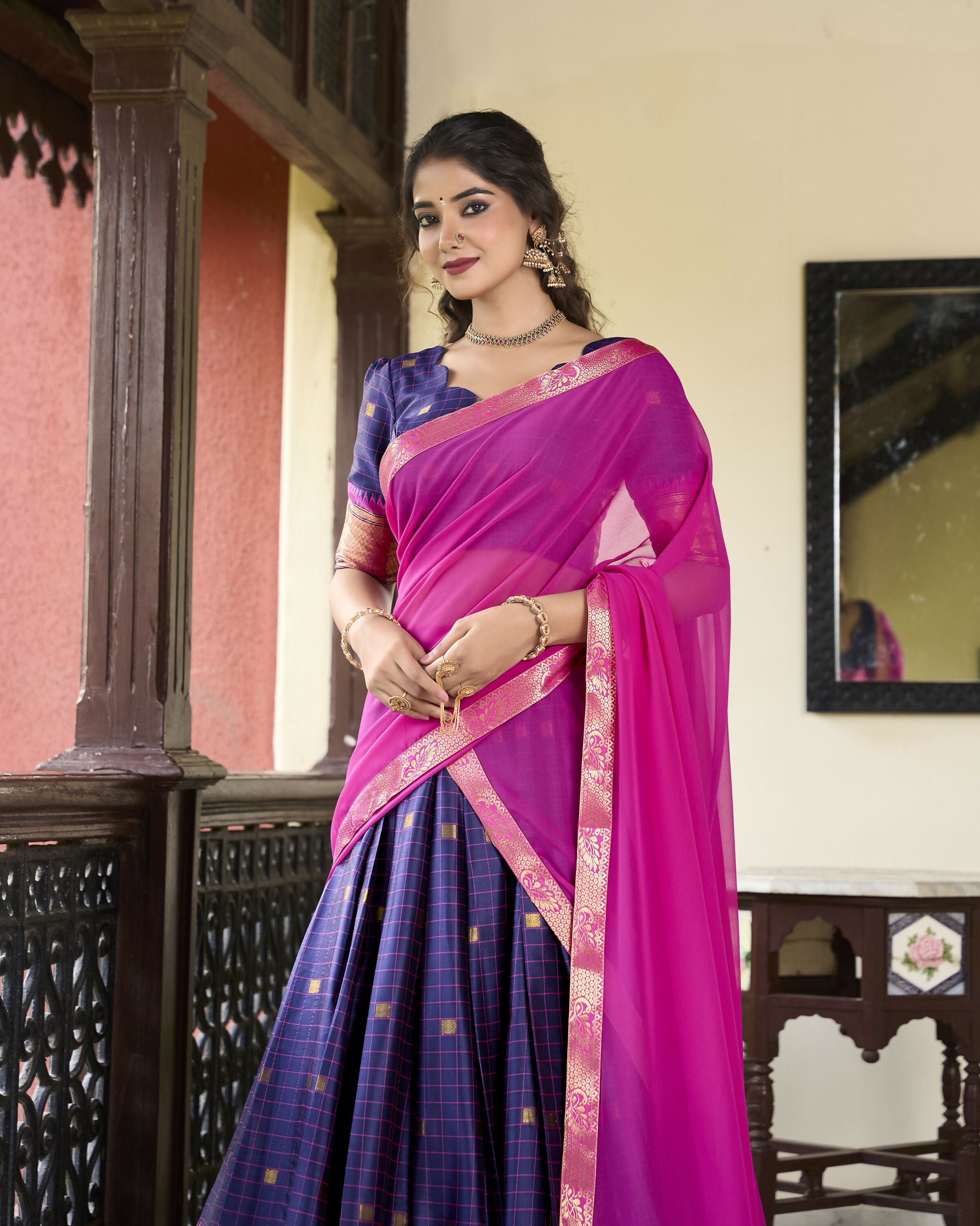 Lorenvalley Navyblue Cotton Silk Weaving Work With Paithani Concept Lehenga Choli | Swadesiicart