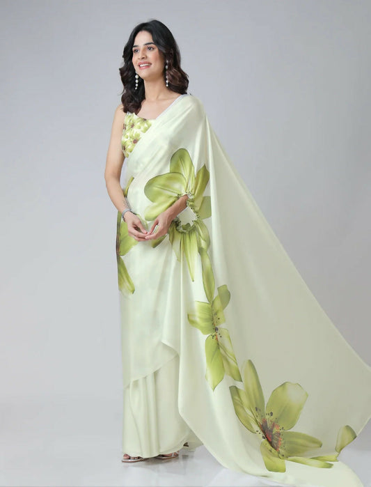 Vastranavya Mint Green Freehand Floral Print Ready to Wear Saree | Swadesiicart