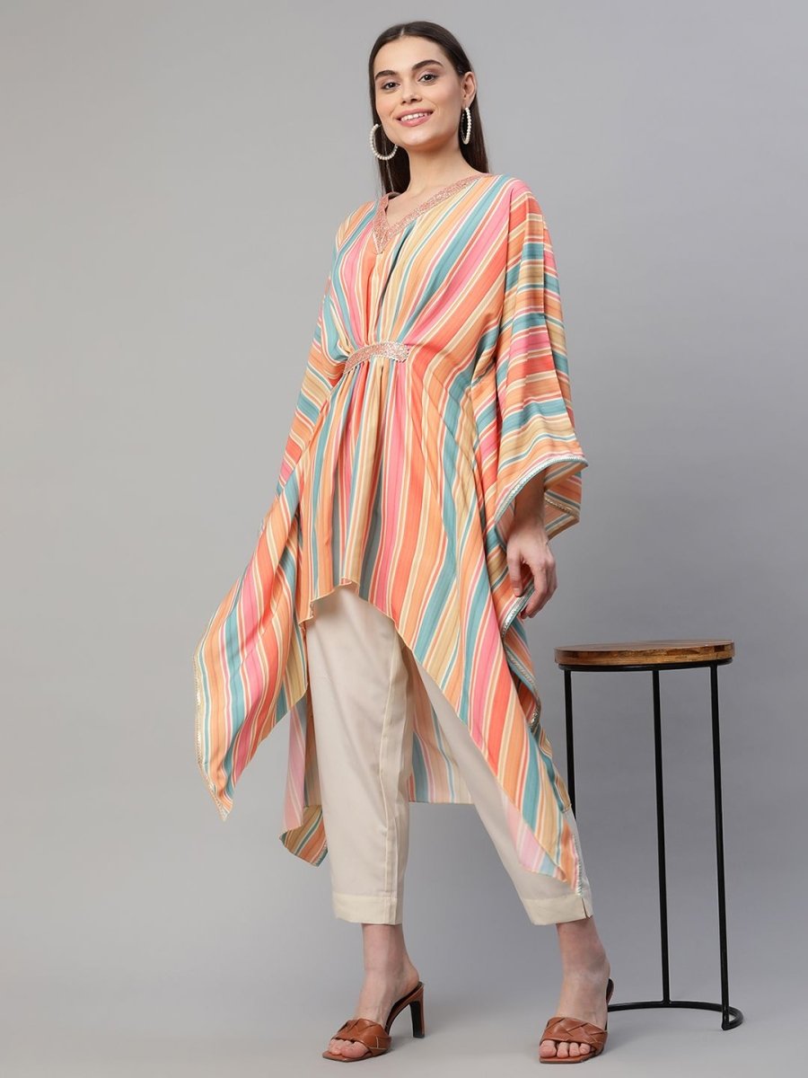 Ahalyaa Women Multi Color Crepe Striped Printed Kaftan Kurta With Trousers | Swadesiicart