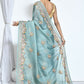 Blue Net Organza Silk Thread Emboidered with Stone Work Saree - Nimaya Benzy