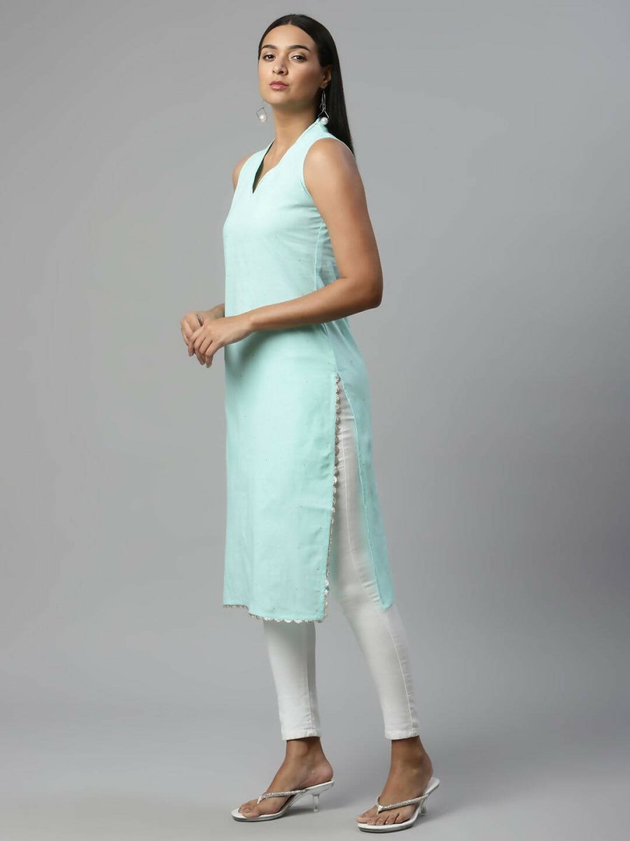 Ahalyaa Womens Summer Blue Pure Cotton Printed Kurtas | Swadesiicart