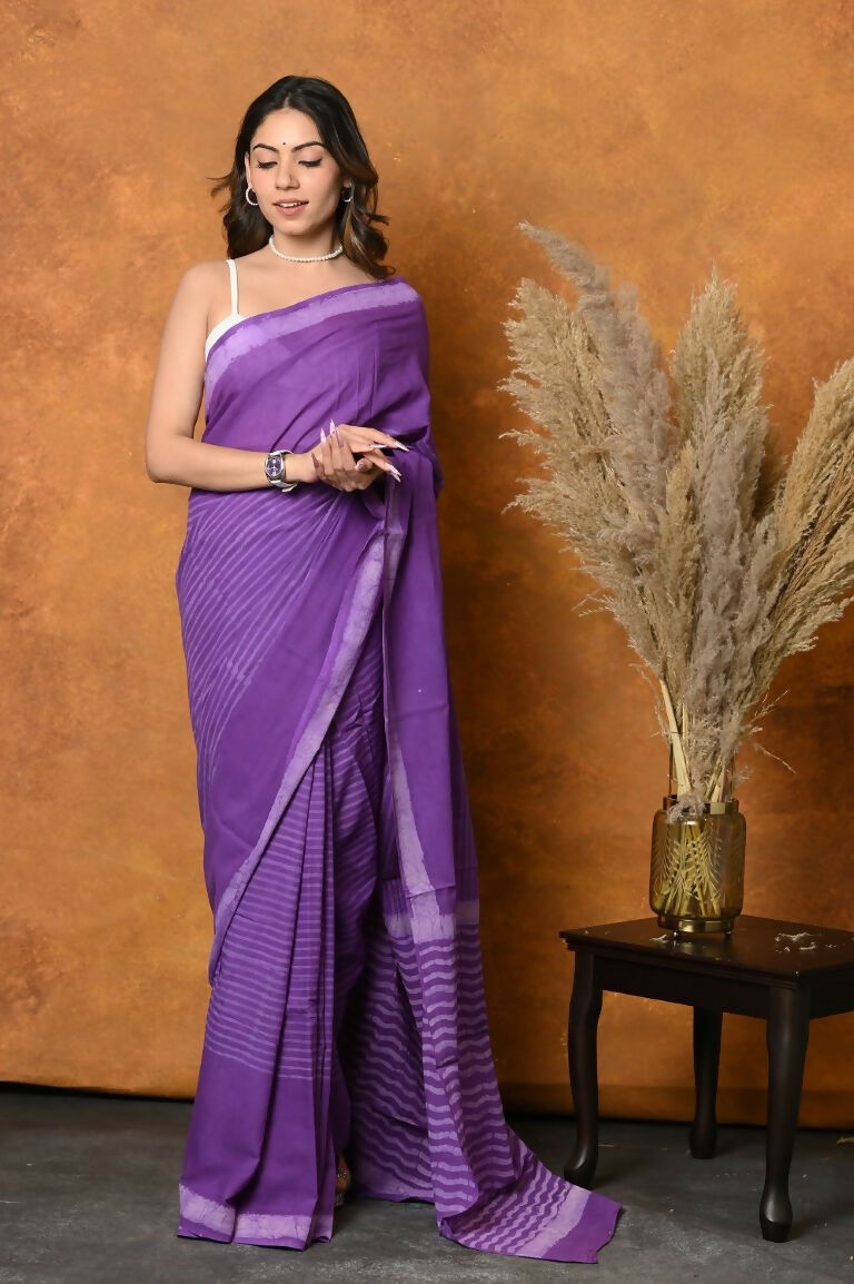 Very Much Indian Pure Cotton Handblock Printed Saree With Natural Dyes - Purple | Swadesiicart