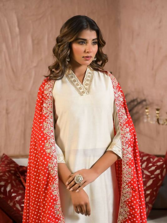 Ethnic Festive Wear Reyon Slub Off White Stitched Suit With Dupatta - Tanisha | Swadesiicart