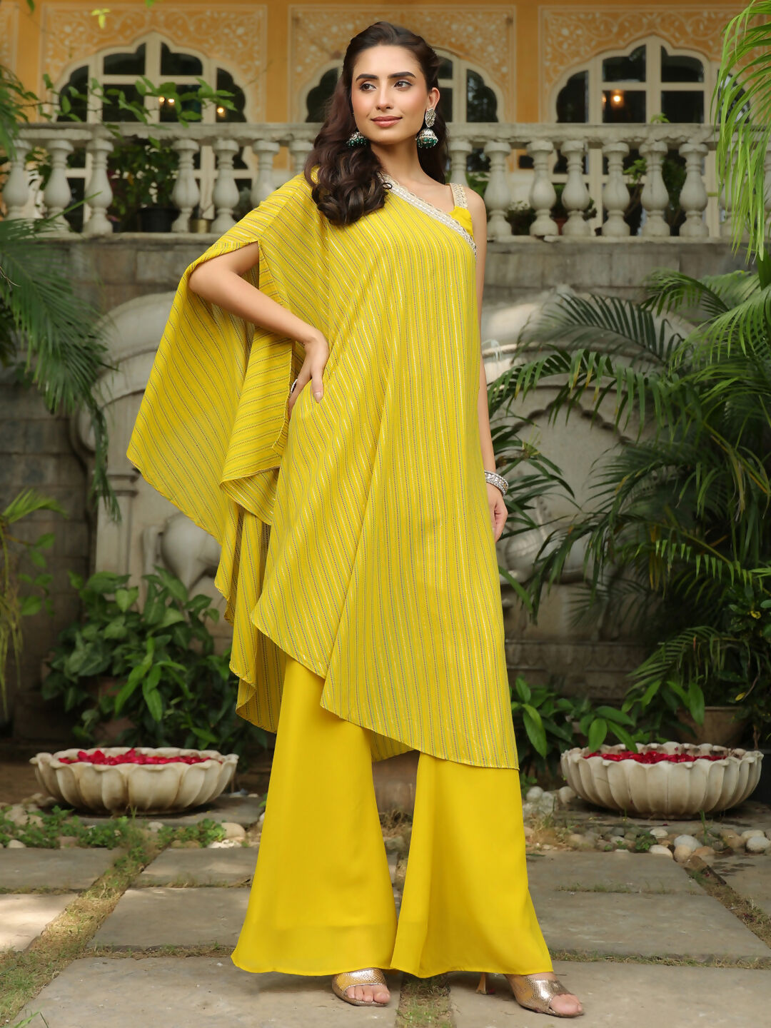 Janasya Yellow Georgette Solid Top Bottom Cape | Swadesiicart