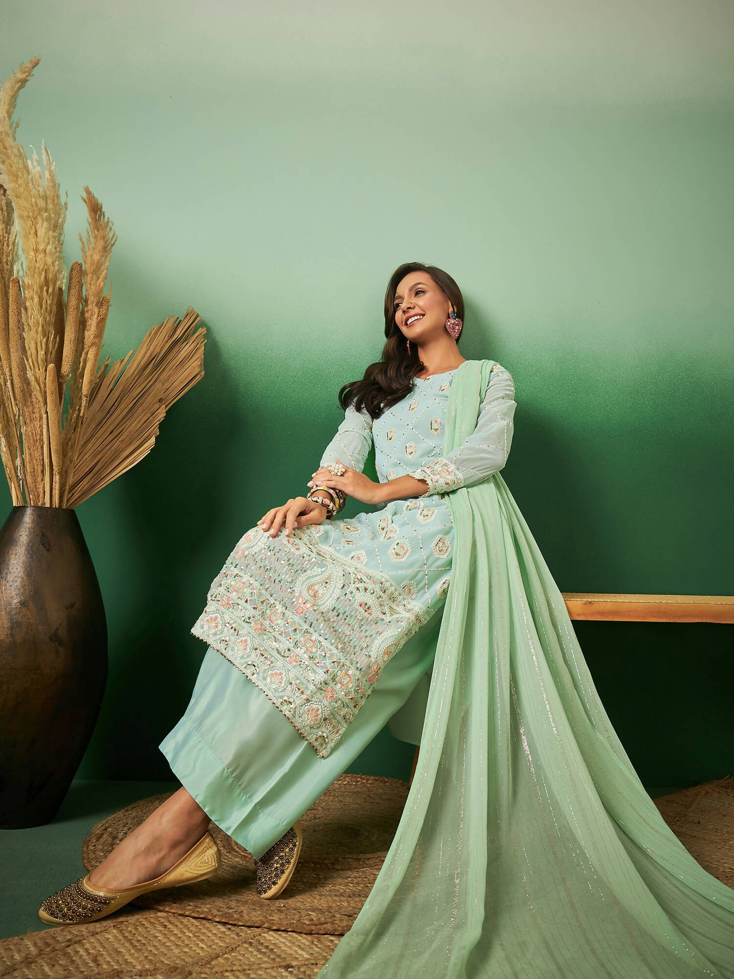 Sea Green Georgette Handwork Unstitched Dress Material - Hanika | Swadesiicart