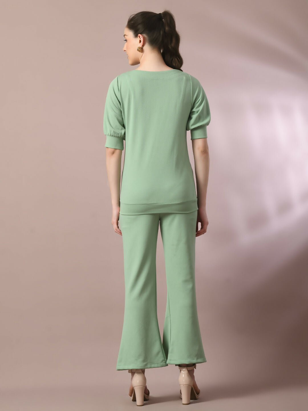 Myshka Women's Sea Green Solid Boat Neck Party Top With Trousers Co-ord set - Swadesiicart