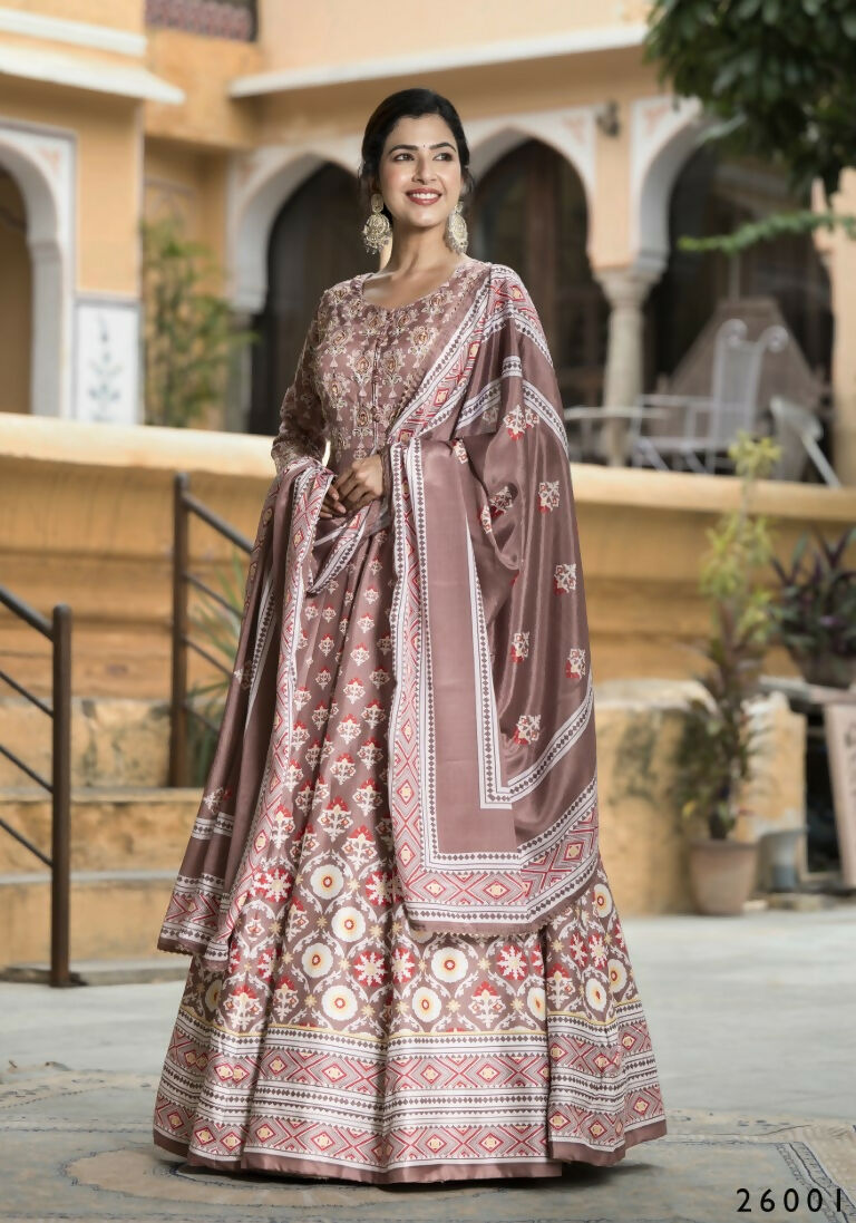 Wedding Designer PaleMauve Soft Dola Silk Anarkali suit with Dupatta - Samanta - Swadesiicart