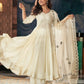 The52 CreamWomen's Gorgeous Embroidered Vichitra Silk Fabric Flared Kurta Pant with Dupatta Set - Swadesiicart