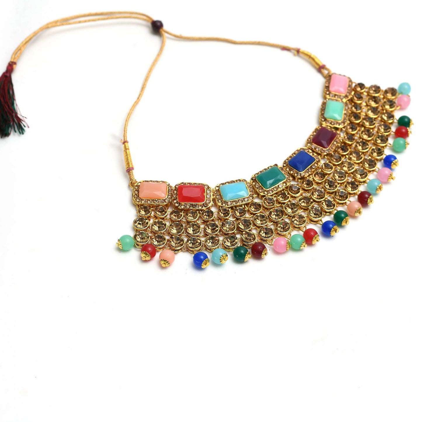 Mominos Fashion Johar Kamal Gold-Polished Rajwadi Design Heavy Multi Color Necklace Set For Women - Swadesiicart