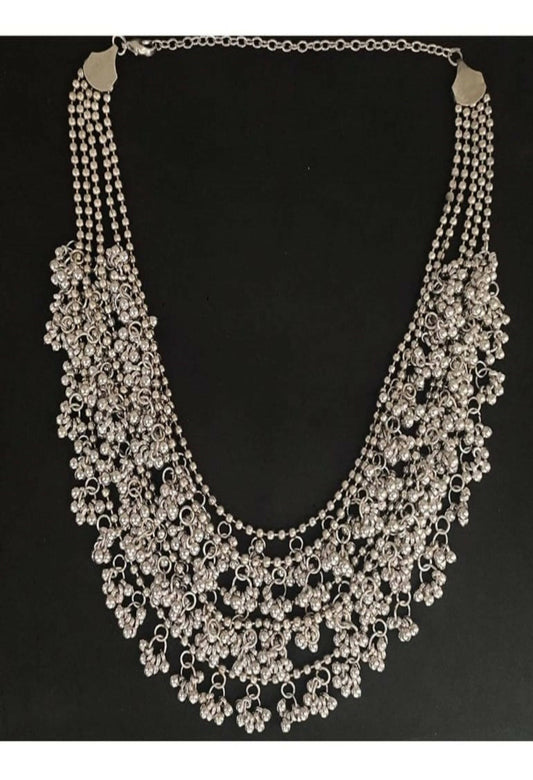 Mominos Fashion Johar Kamal Oxidised Silver-Plated Brass Finish Ghungroo Necklace with Earrings For Women - Mominos Fashion