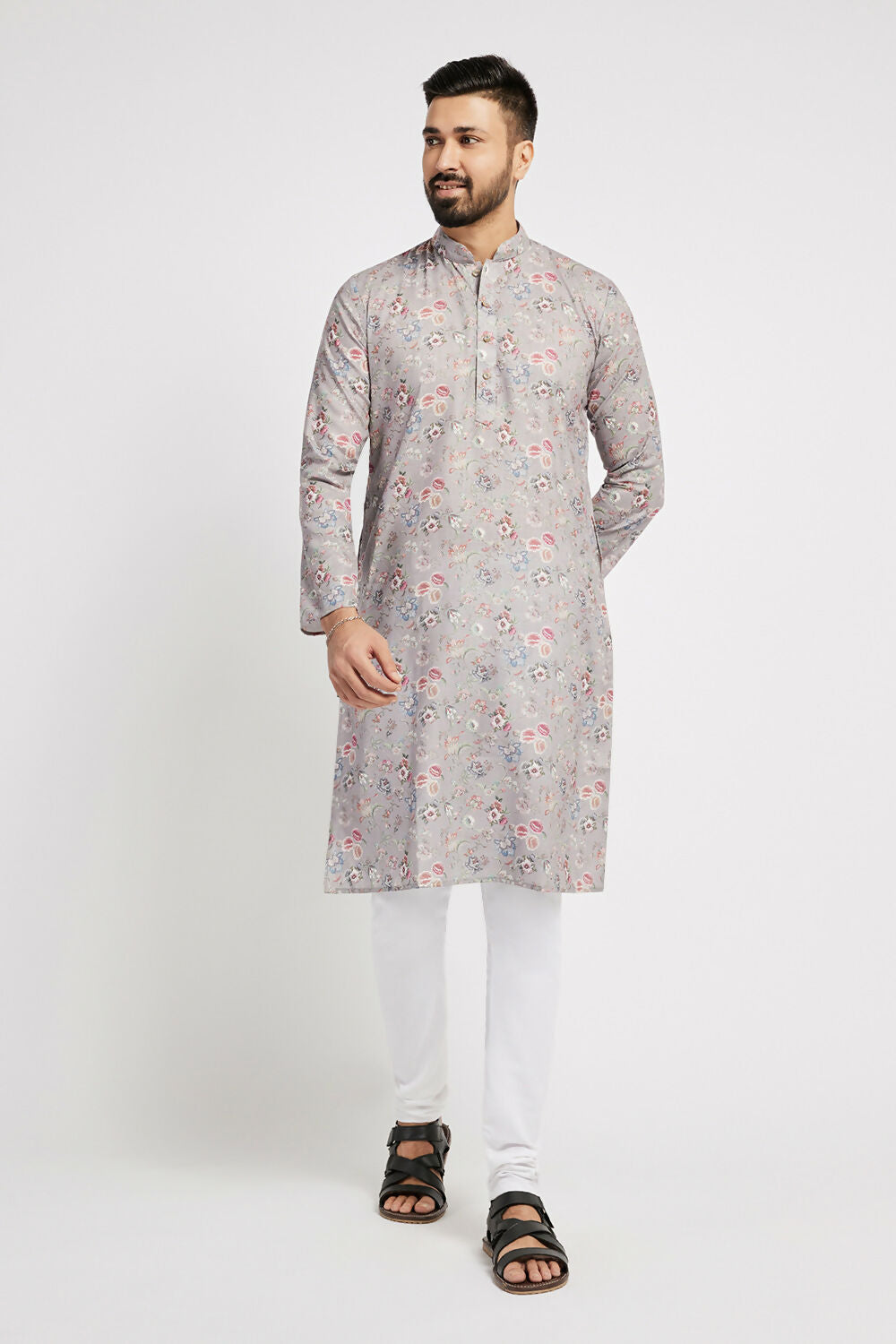 Ethnic India Grey Men's Kurta Floral Polyester | Swadesiicart
