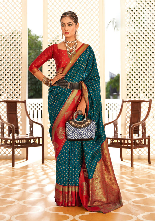 Teal Soft Banarasi Paithani Copper Zari Weaving Saree With Unstitched Blouse Piece - Jodha | Swadesiicart