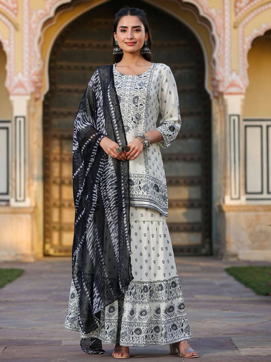 Juniper Women's Off White Rayon Floral Placement Kurta With Sharara And Dupatta Set | Swadesiicart