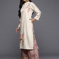 Ahalyaa Women Cream-Coloured & Pink Floral Printed Gotta Patti Floral Velvet Kurta | Swadesiicart