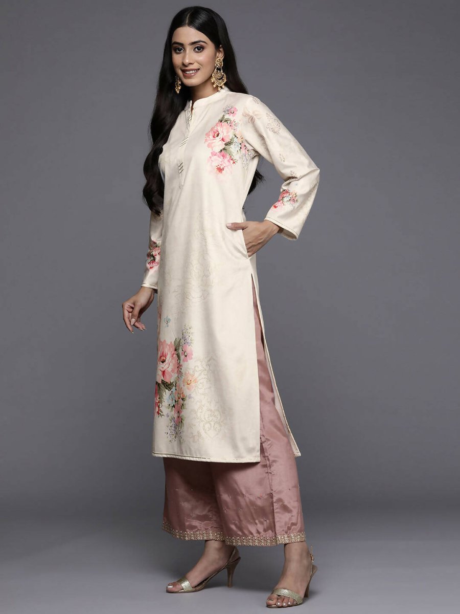 Ahalyaa Women Cream-Coloured & Pink Floral Printed Gotta Patti Floral Velvet Kurta | Swadesiicart