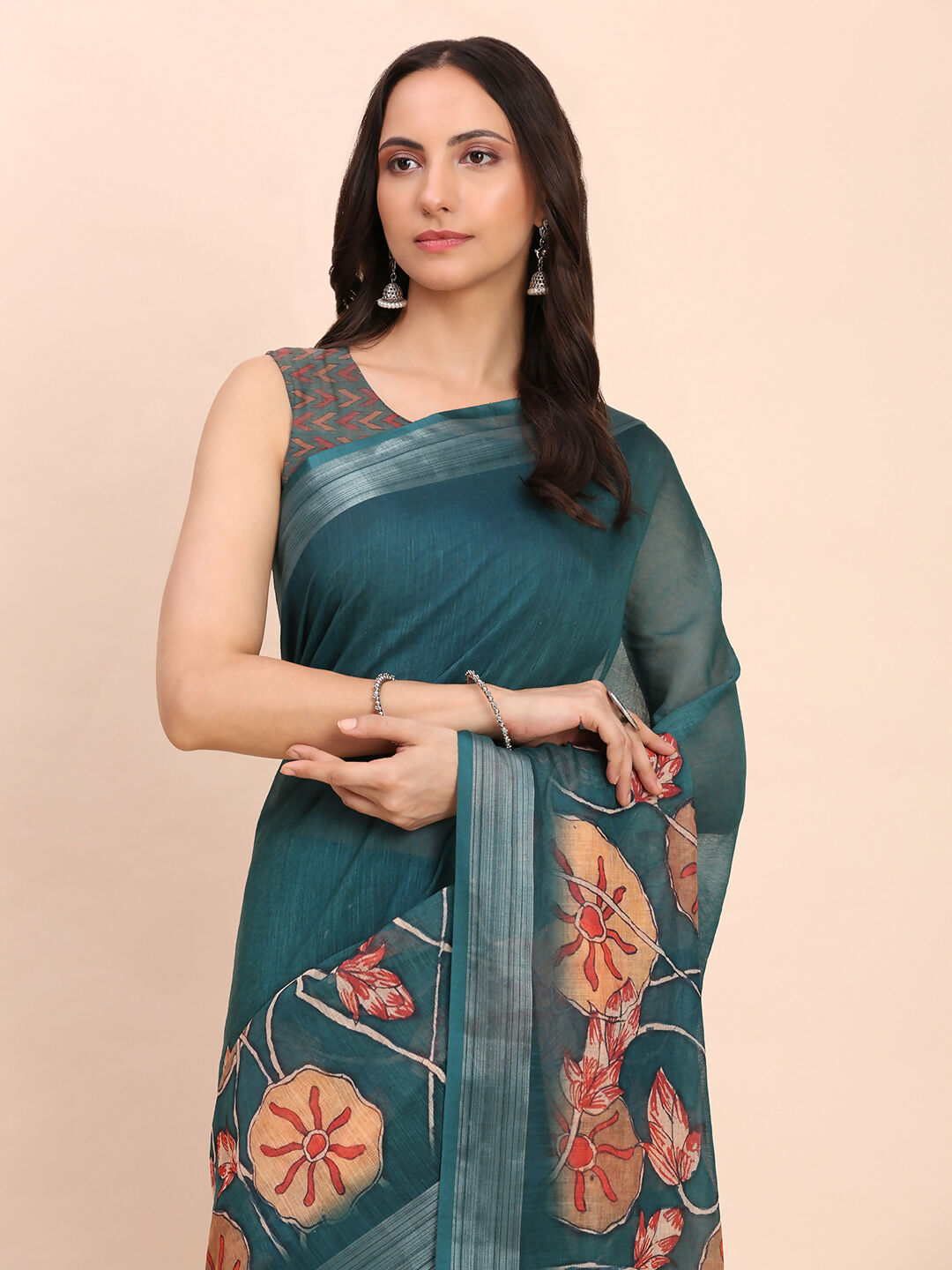 Shree Shyam Fashion Linen Cotton Teal Blue Saree