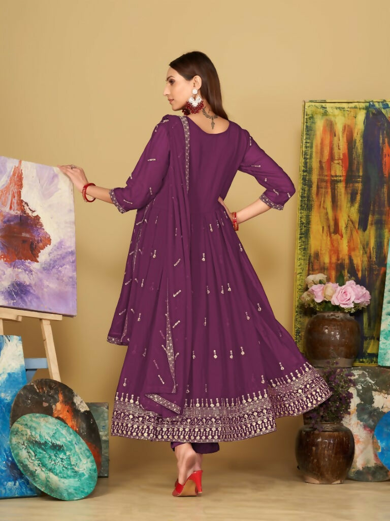 Jyoti Fashion Women's Purple Georgette Embroidered Anarkali Kurta Pant Set With Dupatta | Swadesiicart