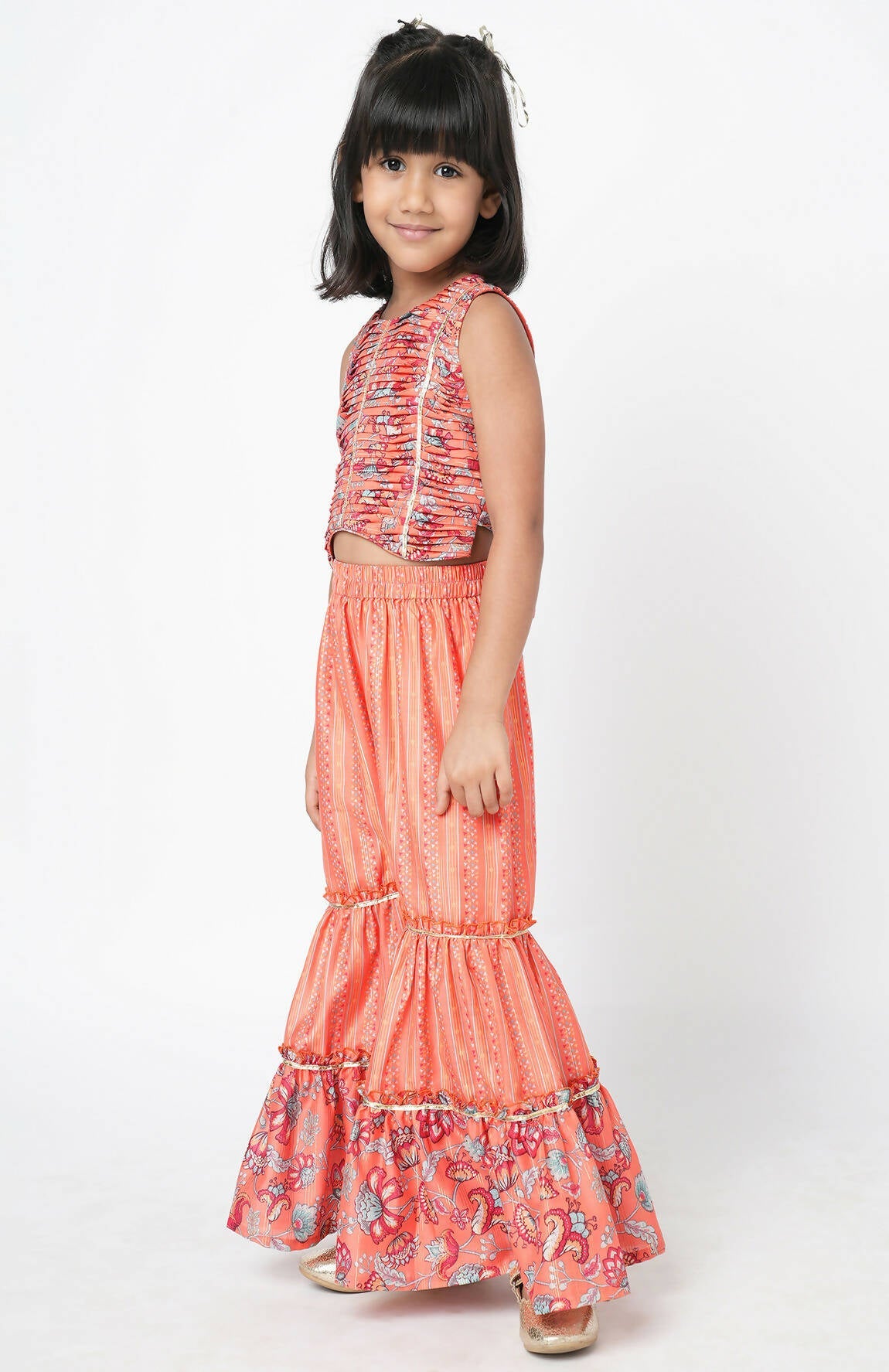 Lil Drama Golden Weaves Orange Crop Top With Palazzo Co-Ordinate Set - Swadesiicart