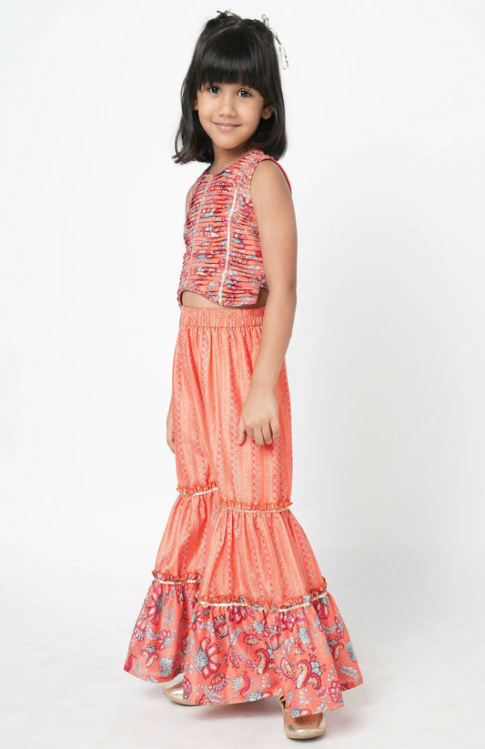 Lil Drama Golden Weaves Orange Crop Top With Palazzo Co-Ordinate Set - Swadesiicart