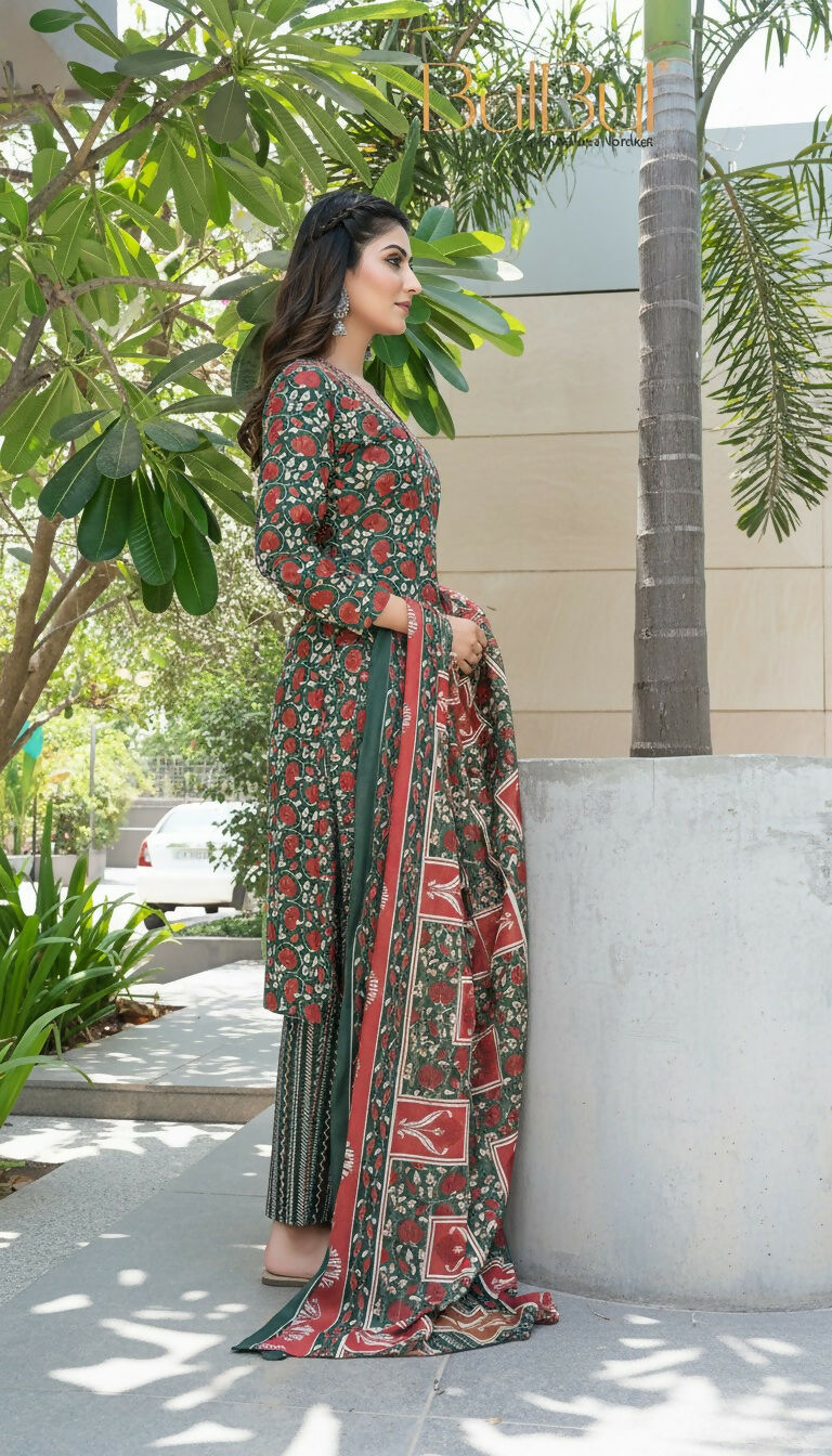 BulBul Fashionista Green Cotton Kurta Set with Dupatta - Swadesiicart