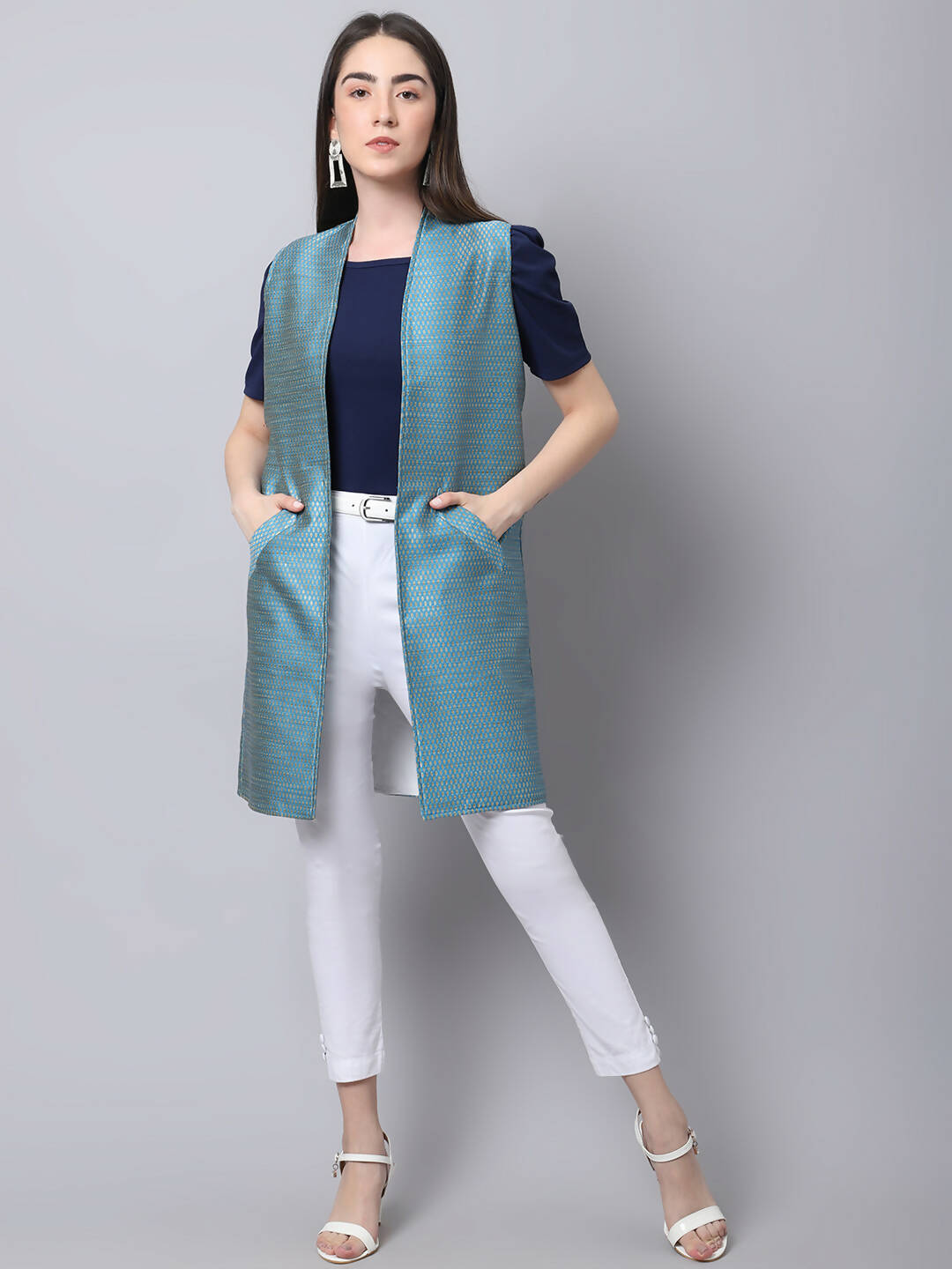Even Apparels Blue Bansari Silk Open Front Women's Long Coat | Swadesiicart