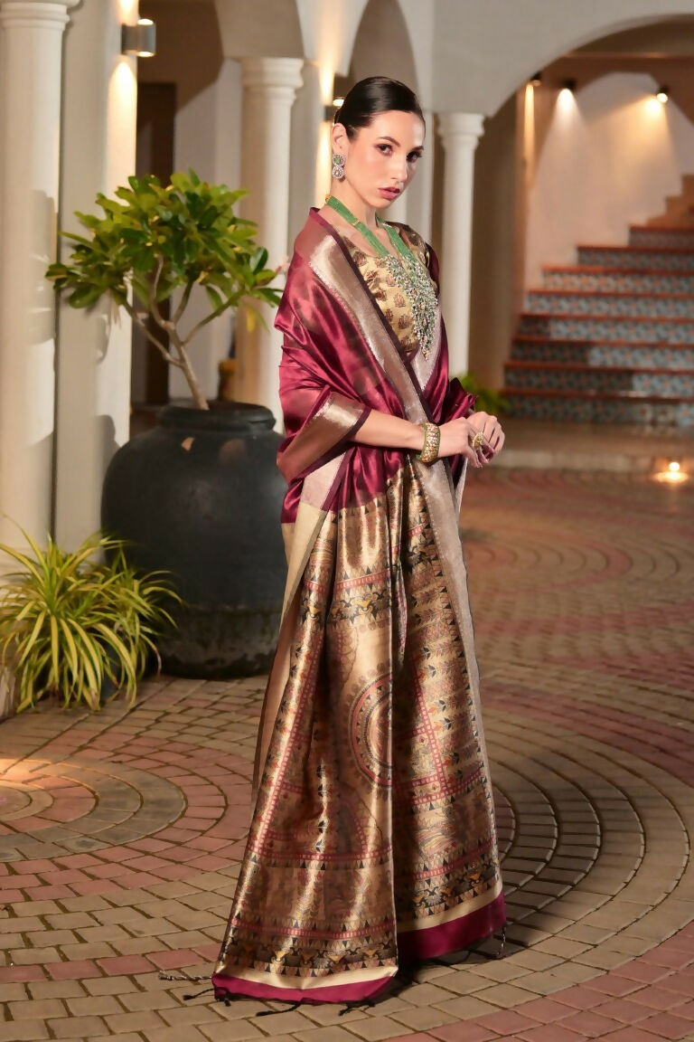 Vishnu Weaves Women's Maroon Soft Tussar Silk Printed Saree with Blouse - Swadesiicart
