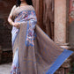 Joban Fashion Dusty Blue Crepe Chiffon Pure Handloom Banarasi Silk Saree | Swadesiicart