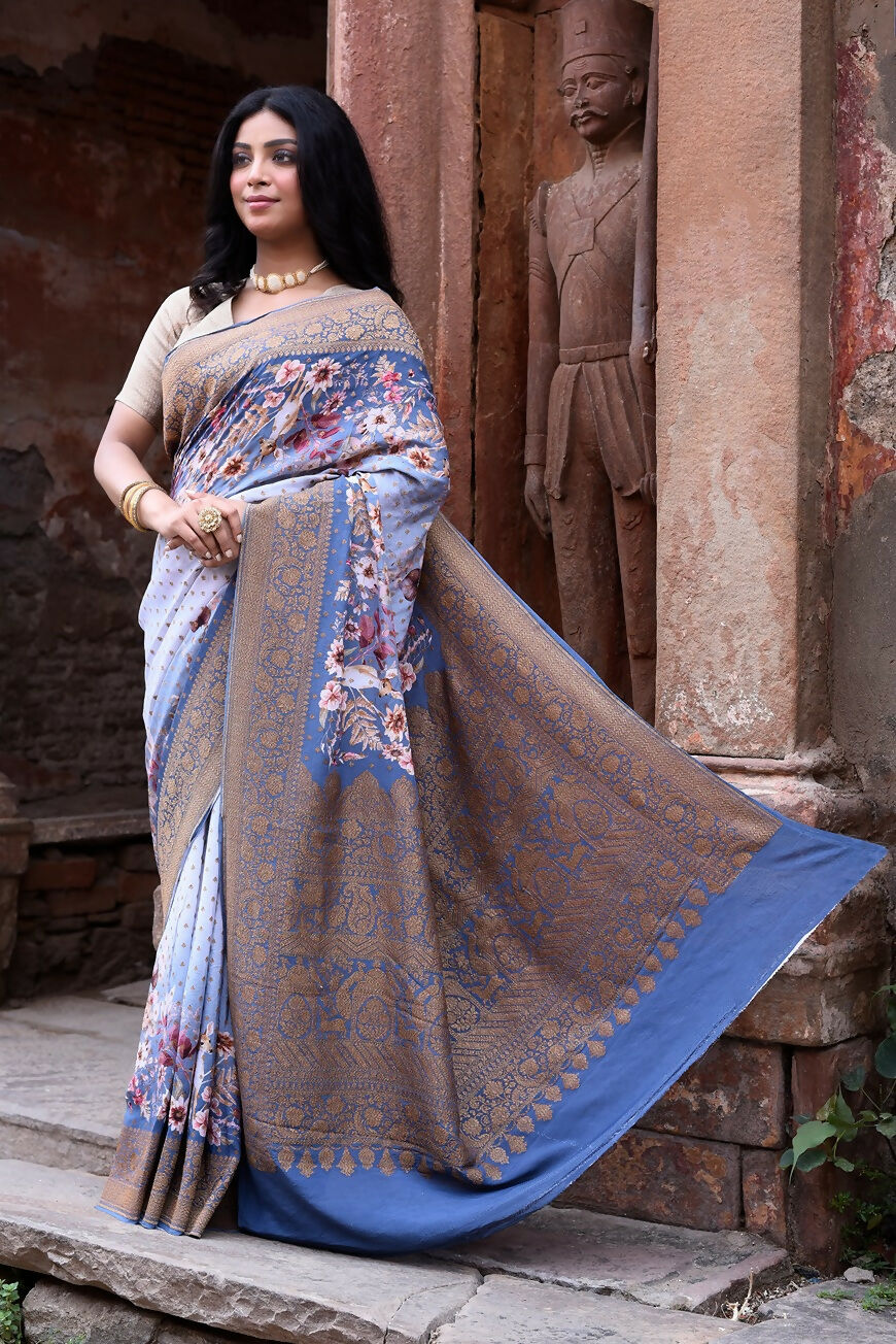 Joban Fashion Dusty Blue Crepe Chiffon Pure Handloom Banarasi Silk Saree | Swadesiicart