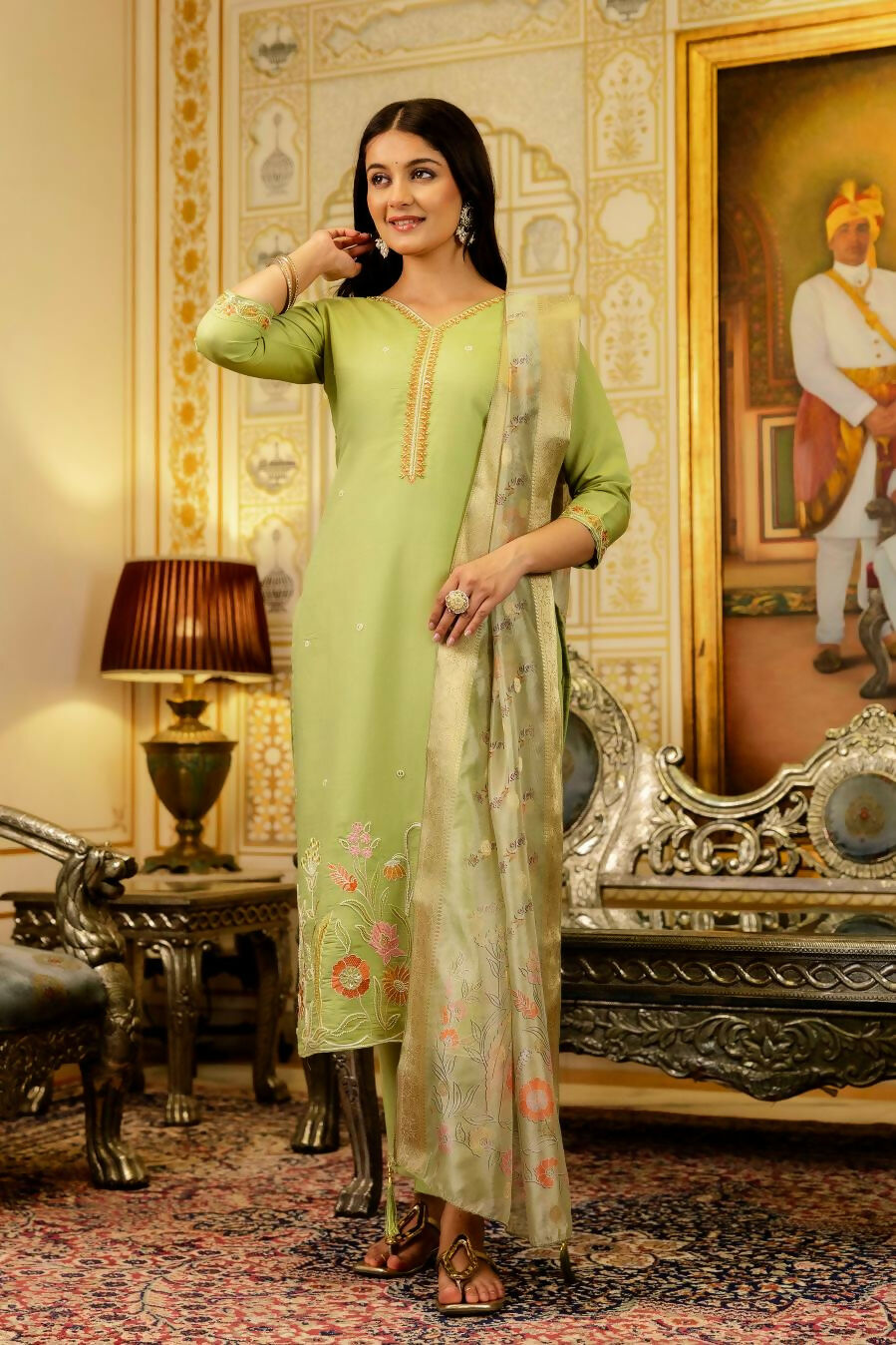 The52 Lemons Women's Beautiful Viscose Shimmer Fabric Embroidered Work Straight Kurta Pant and Dupatta Set - Swadesiicart