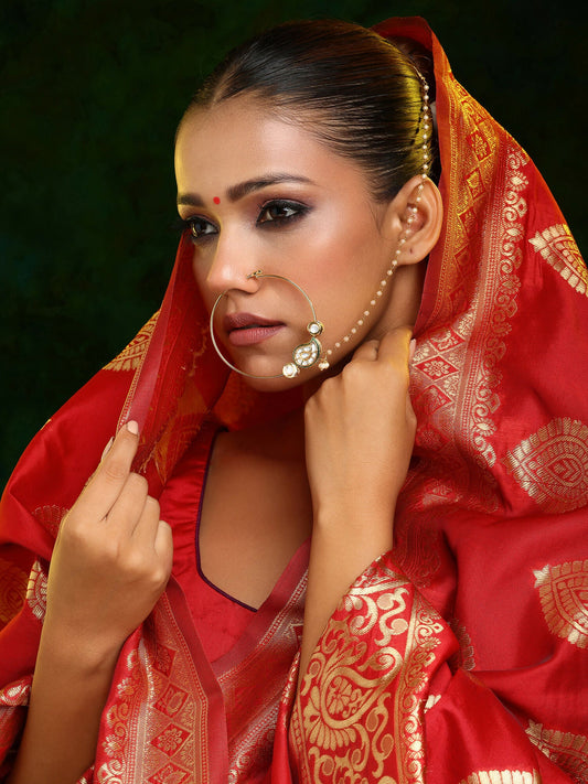 Ruby Raang 22k Gold Polished Kundan Maharani Nose Ring (Clip On) | Swadesiicart