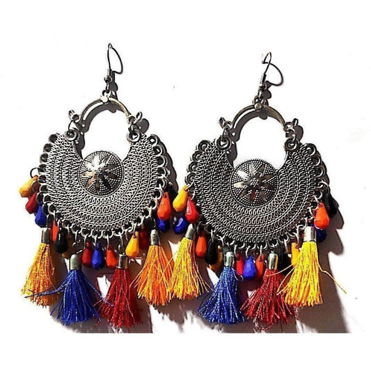 MS Fashion India Heavy Design Silver Toned Chandbali Silk Threads And Beads Multi Colors Earrings | Swadesiicart