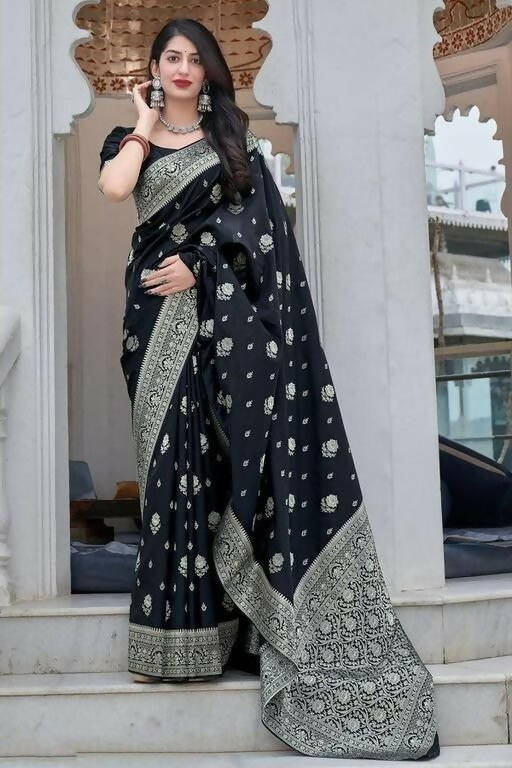 DEIANA'S Beautiful Designer Golden zari Soft Lichi Silk Saree - Black - Swadesiicart