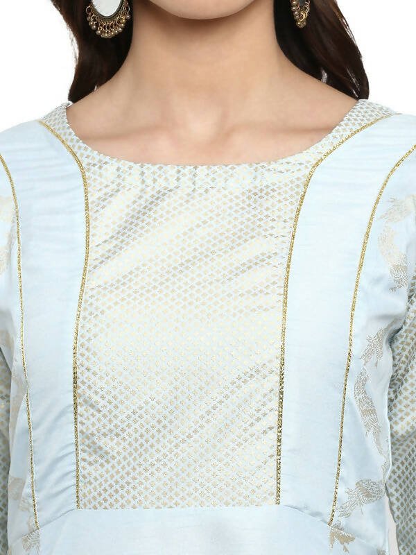Ahalyaa Women Blue & Silver-Coloured Yoke Design A-Line Kurta | Swadesiicart