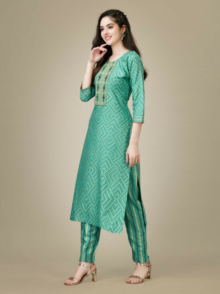 Jyoti Fashion Women's Pista Green Rayon Embroidered Kurta Pant Set | Swadesiicart