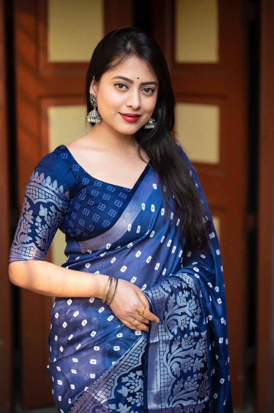 Lightblue Jute Silk Printed Saree with Unstitched Blouse - Hiral Fashion | Swadesiicart