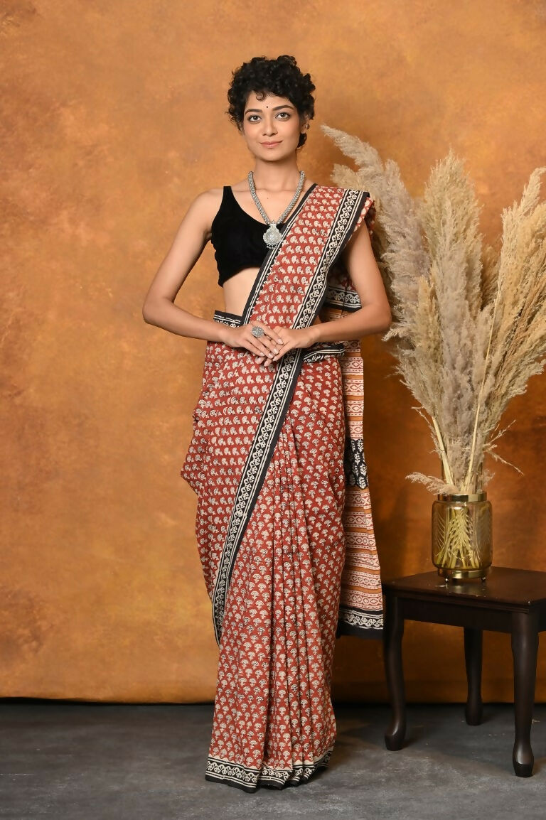 Very Much Indian Handblock Printed Cotton Saree With Natural Dyes - Orange | Swadesiicart