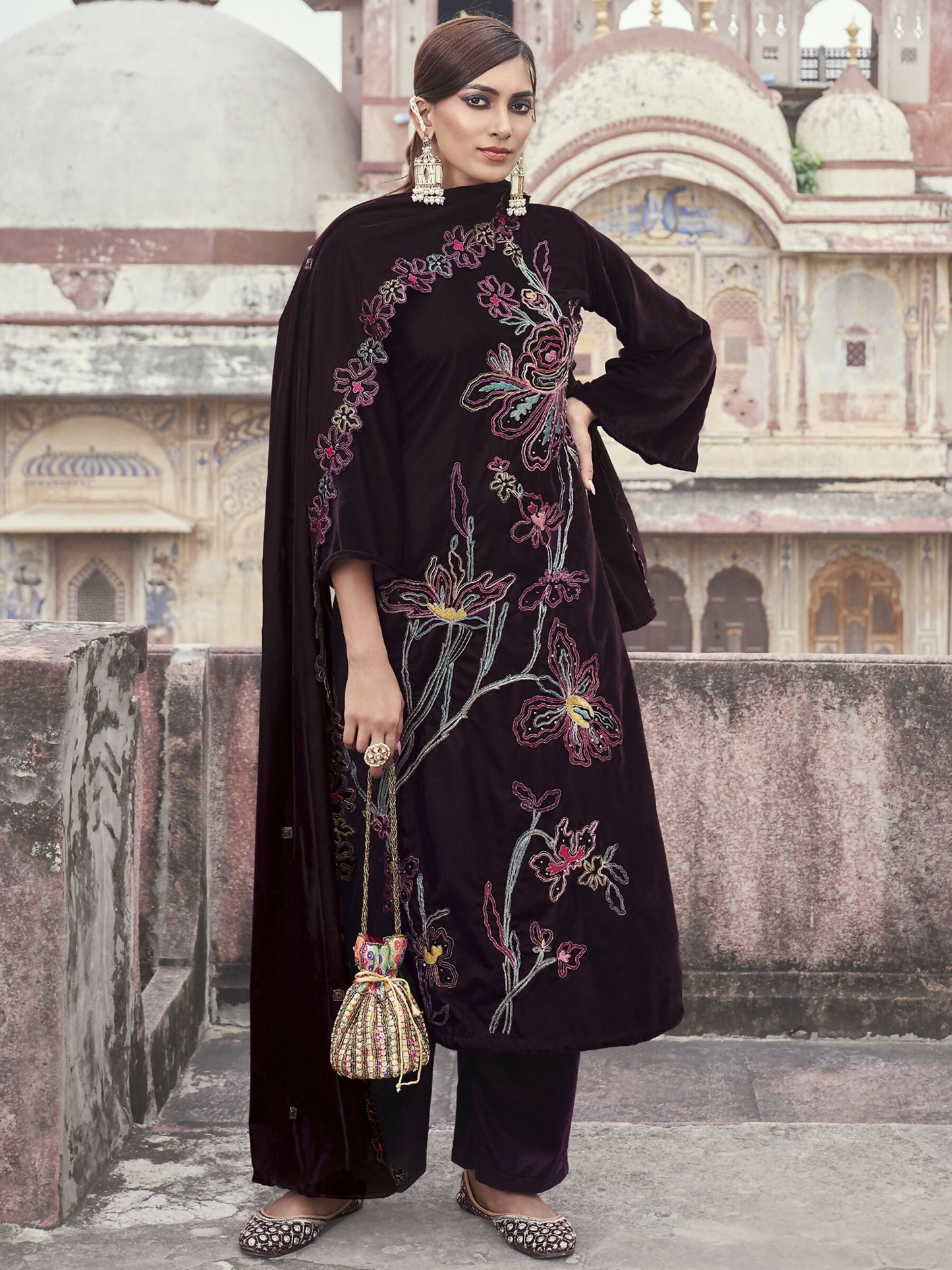 Jyoti Fashion Women's Wine Velvet Resham Thread with Jari & Sequin Kurta with Trouser & Dupatta | Swadesiicart