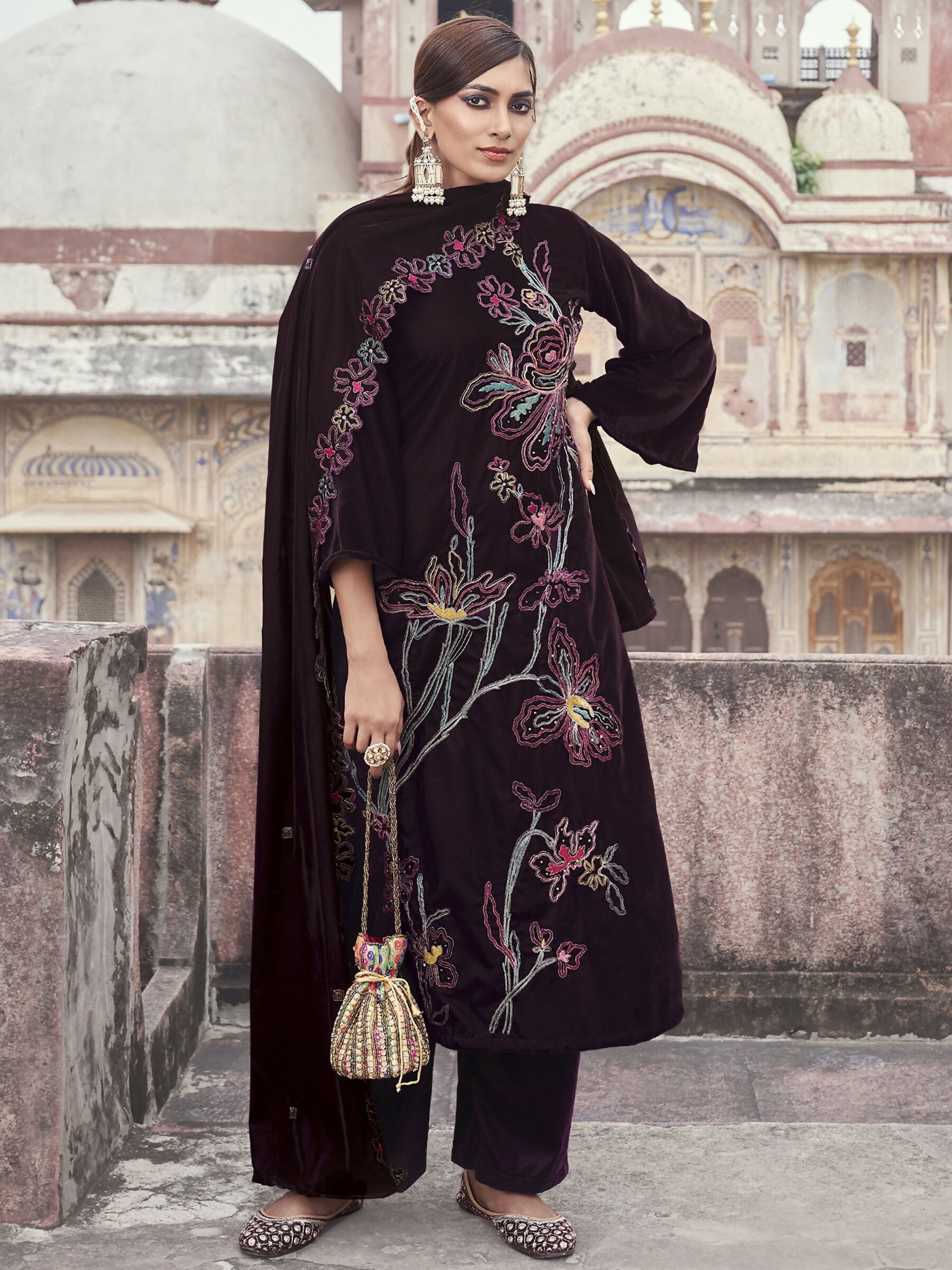 Jyoti Fashion Women's Wine Velvet Resham Thread with Jari & Sequin Kurta with Trouser & Dupatta | Swadesiicart