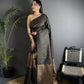 Joban Fashion Black Banarasi Soft Lichi Silk Checks & Woven Saree | Swadesiicart