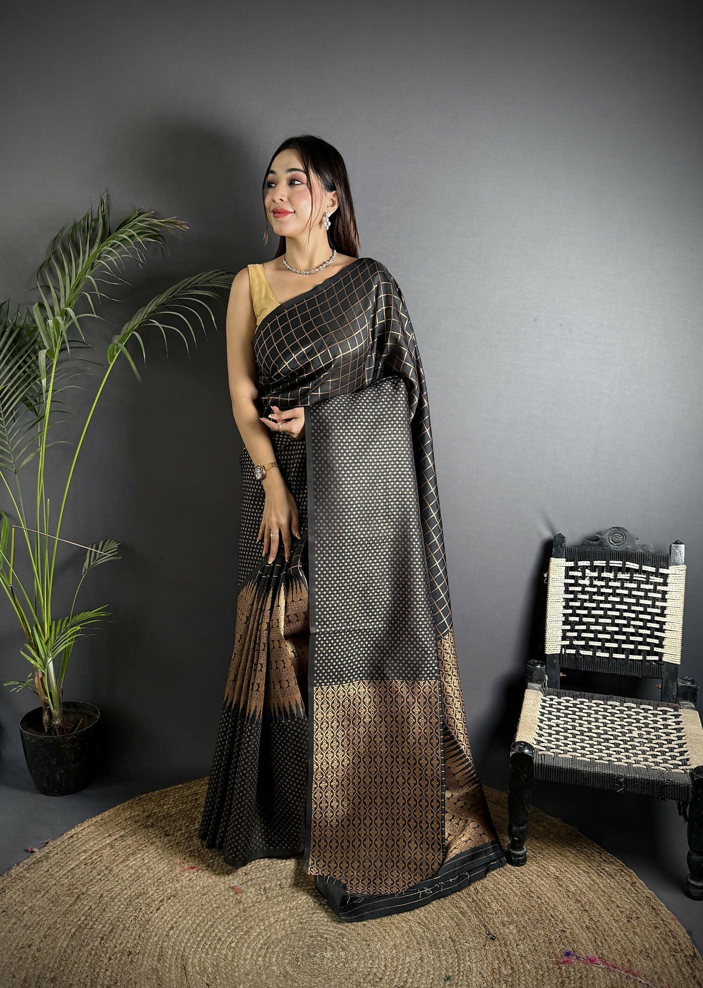Joban Fashion Black Banarasi Soft Lichi Silk Checks & Woven Saree | Swadesiicart