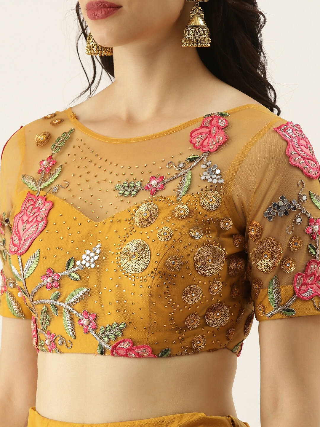 House of Panchhi Mustard Net Semi stitched Coding, Sequins & Saroski Stone Work Lehenga Choli | Swadesiicart