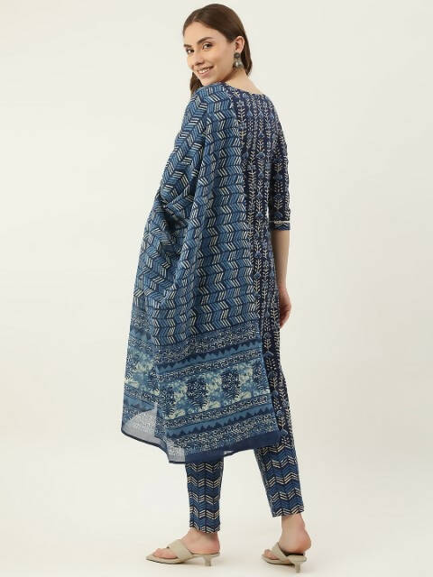 FIORRA Women's Blue Cotton Straight Kurta Pant With Dupatta - Swadesiicart