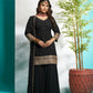 Aayaa Designer Faux Gorgette Embroidery Zari Sequins Thread work Full Flaired plazzo Suit with Dupatta - Black