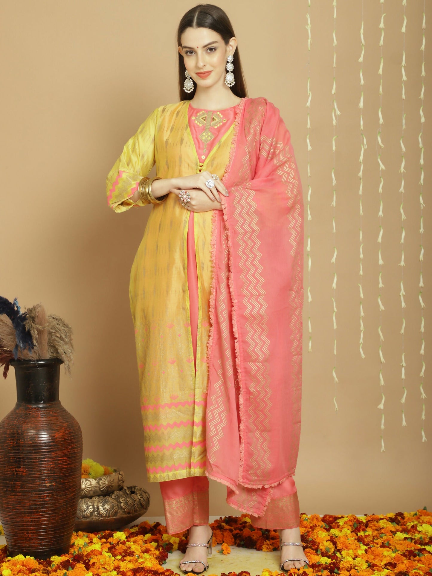 Jyoti Fashion Women's Yellow Chanderi Silk Elegant Jardoshi Semi Kurta with Trouser & Dupatta | Swadesiicart