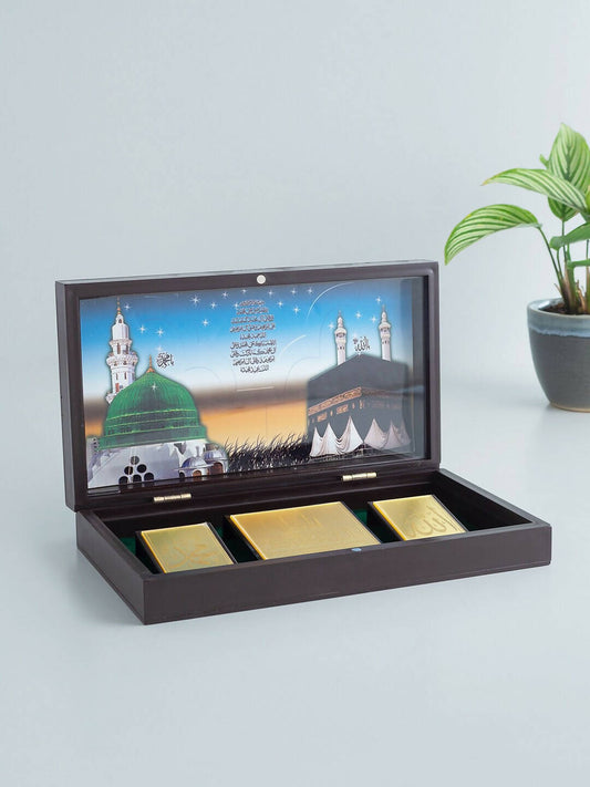 Golden Peacock Brown & Gold-Toned 24 Ct Gold Foil Makka Madina Dua Box | Swadesiicart