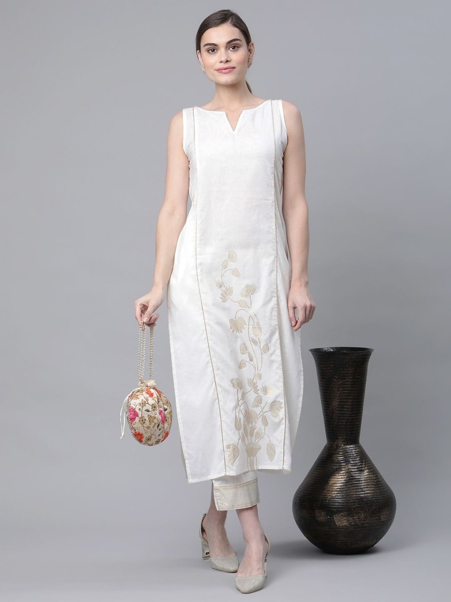 Ahalyaa Women Off White Pure Cotton Printed Kurta with Trousers | Swadesiicart