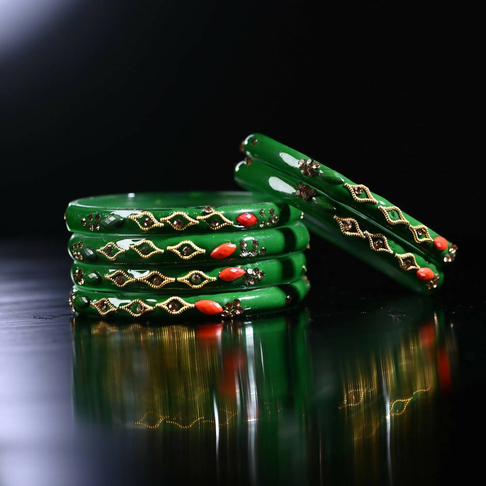 Afast Designer Fancy Party Bangle/ Kada Set, Green, Glass, Pack Of 8 - Swadesiicart