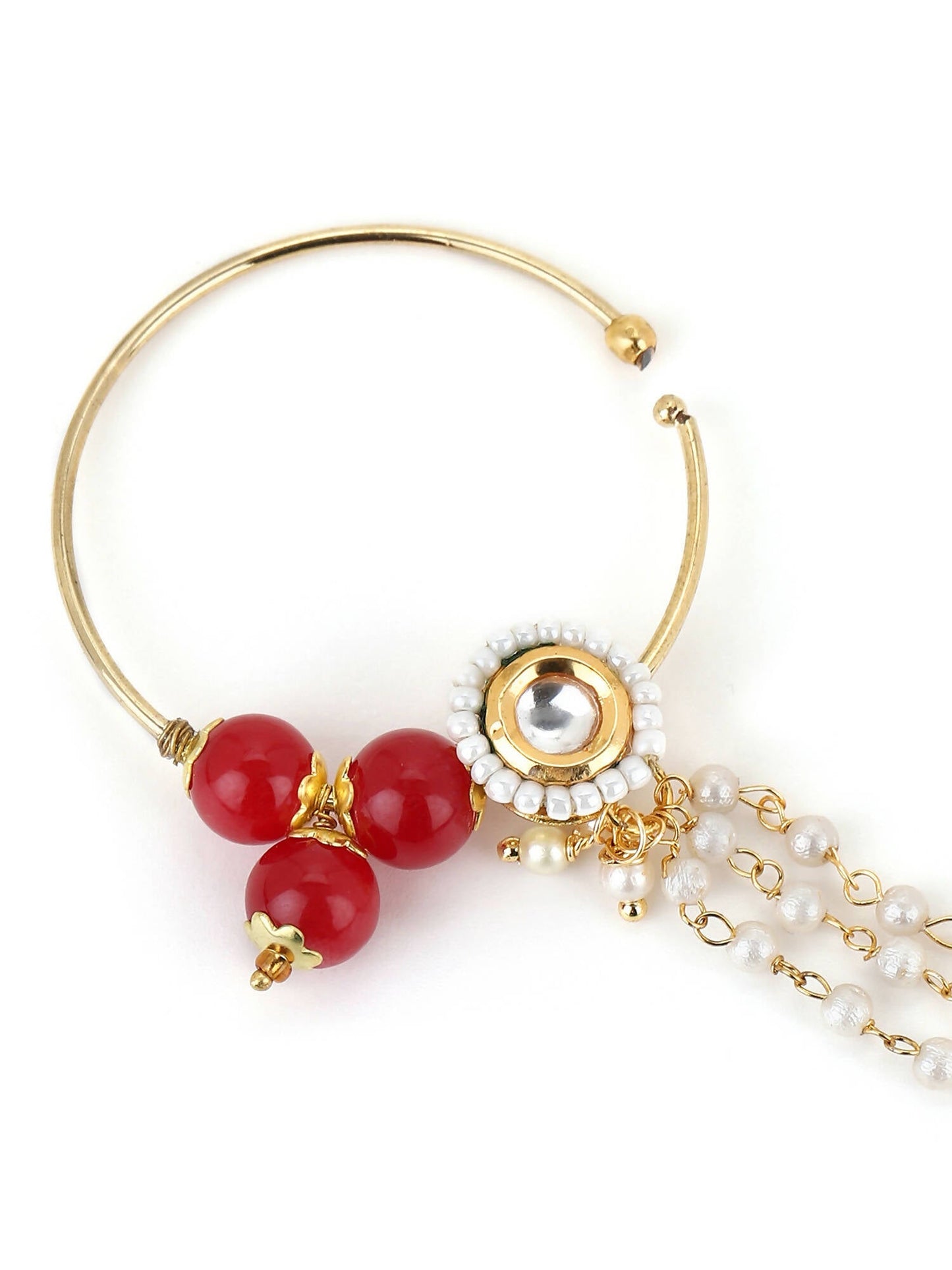 White Red Gold-Polished Kundan-Studded Beaded Nosepin - Ruby Raang | Swadesiicart